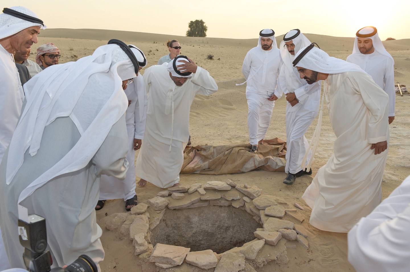 Sheikh Mohammed bin Rashid, Vice President and Ruler of Dubai, inspects the excavations at Saruq Al Hadid, which he sighted from a helicopter in 2002. Wam
