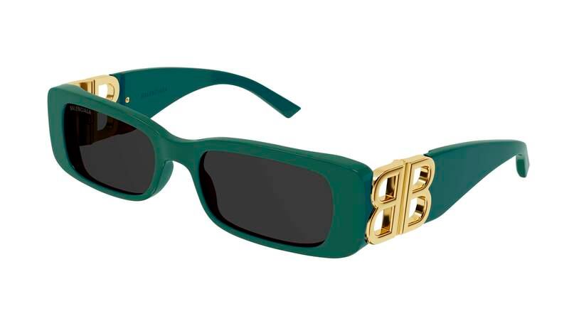 Viridian green wrap-around Dynasty sunglasses with gold double B accent, Dh1,261, Balenciaga. Photo: Balenciaga