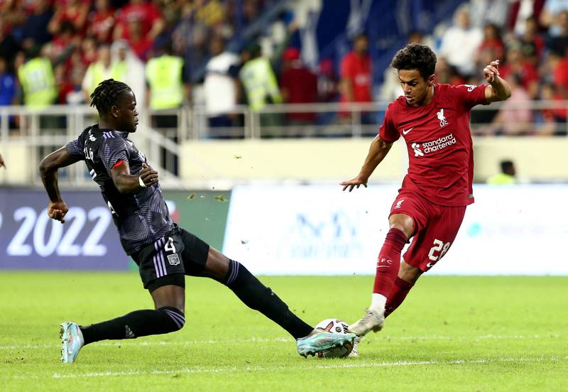Lyon's Castello Lukeba in action with Liverpool's Fabio Carvalho. Reuters