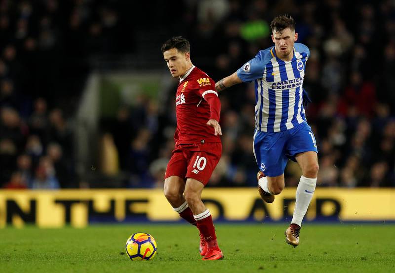 Soccer Football - Premier League - Brighton & Hove Albion vs Liverpool - The American Express Community Stadium, Brighton, Britain - December 2, 2017   Brighton's Pascal Gross in action with Liverpool's Philippe Coutinho                Action Images via Reuters/John Sibley    EDITORIAL USE ONLY. No use with unauthorized audio, video, data, fixture lists, club/league logos or "live" services. Online in-match use limited to 75 images, no video emulation. No use in betting, games or single club/league/player publications. Please contact your account representative for further details.