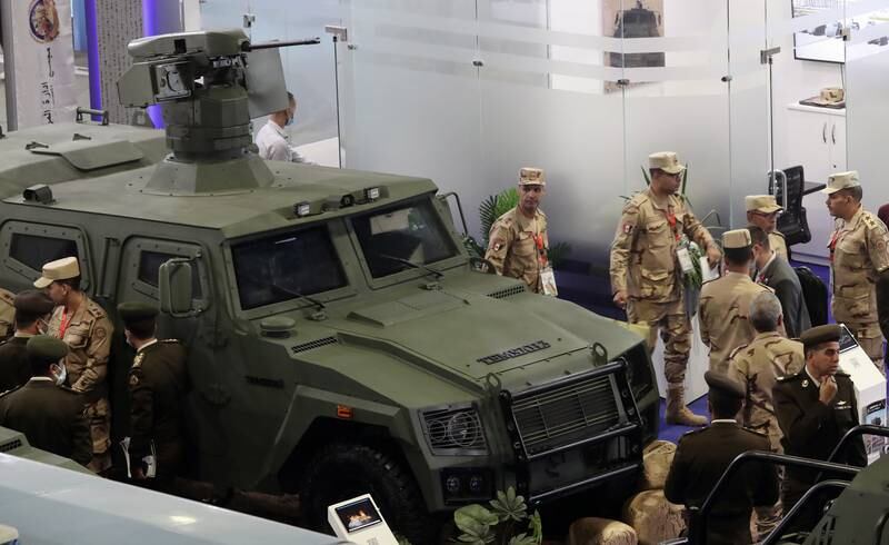 Visitors inspect the Temsah-3 Egyptian armoured vehicle at Edex. EPA