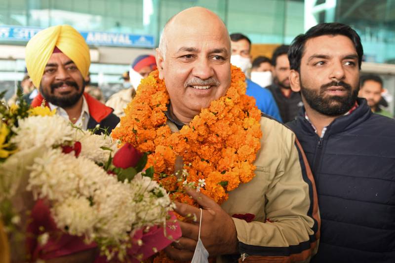 Manish Sisodia arrives at Sri Guru Ram Dass Jee International Airport ahead of Punjab legislative assembly elections on the outskirts of Amritsar in November 2021. AFP