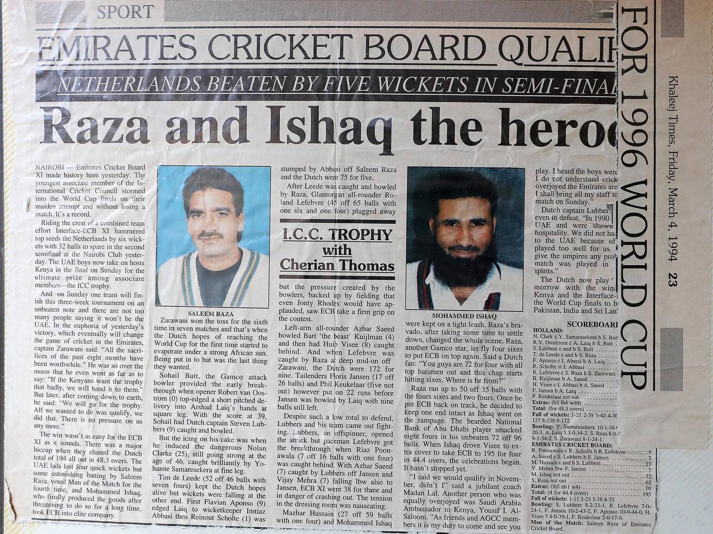 ABU DHABI,  UNITED ARAB EMIRATES , JUNE 17 – 2019 :- Newspaper clipping of Mohammed Ishaq ( right ) a player in the UAE's 1996 World Cup side, who is now wheelchair bound at his home in Abu Dhabi. He is on wheelchair since a car crash in 2009. ( Pawan Singh / The National ) For Sport. Story by Paul