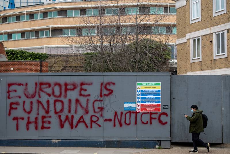 Graffiti on boarding at a construction site next to Chelsea Football Club at Stamford Bridge. Getty Images
