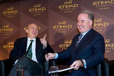 Giorgio Starace, left, the Italian ambassador to the UAE, with James Hogan, the president and chief executive of Etihad Airways, in Rome yesterday where he discussed the Abu Dhabi carrier’s acquisition of Alitalia. Chris Warde-Jones for The National