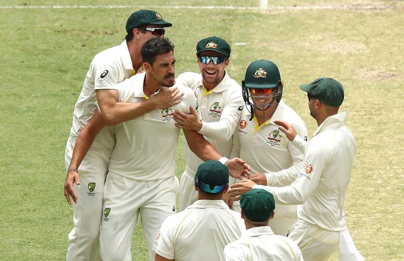 PERTH, AUSTRALIA - DECEMBER 15: Mitchell Starc of Australia celebrates after taking the wicket of Murali Vijay of India during day two of the second match in the Test series between Australia and India at Perth Stadium on December 15, 2018 in Perth, Australia. (Photo by Ryan Pierse/Getty Images)