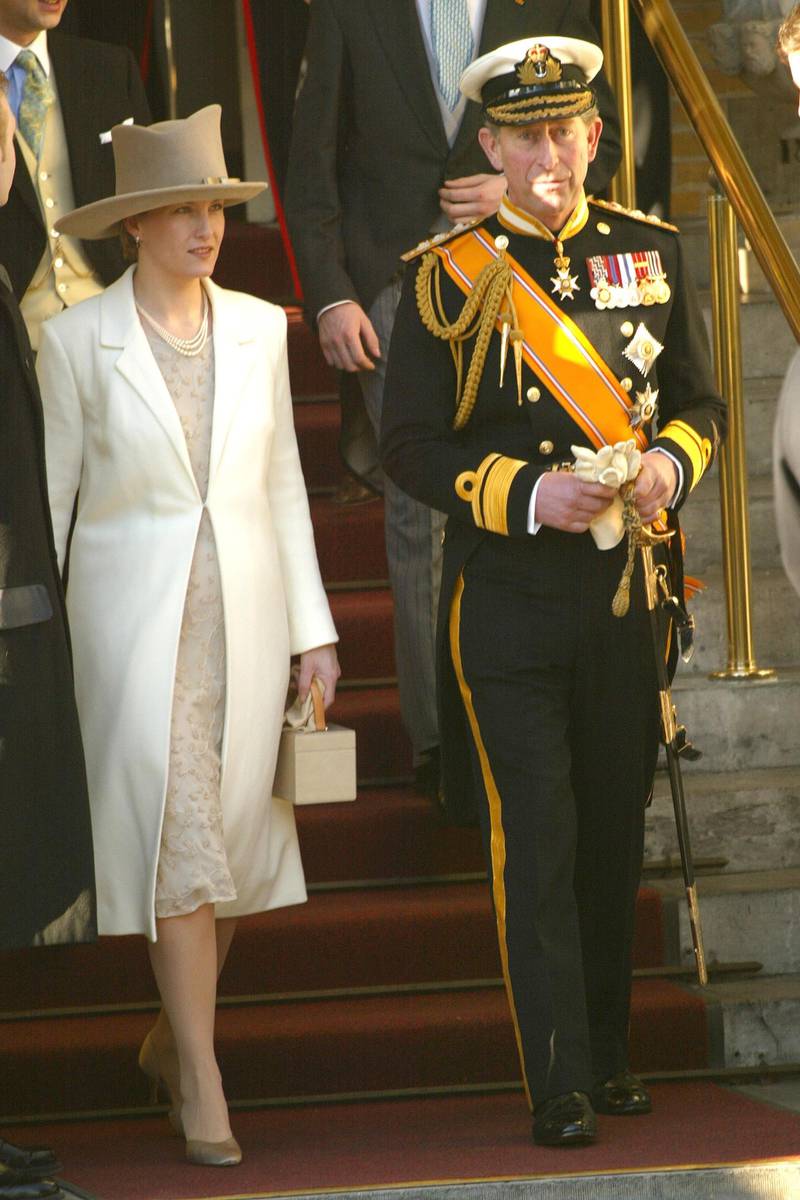 400377 18: Countess of Wessex Sophie Rhys-Jones and Prince Charles of Britain are on the way to the wedding of Dutch Crown Prince Willem Alexander and Argentine Maxima Zorreguieta February 2, 2002 in Amsterdam, Netherlands. (Photo by Michel Porro/Getty Images)