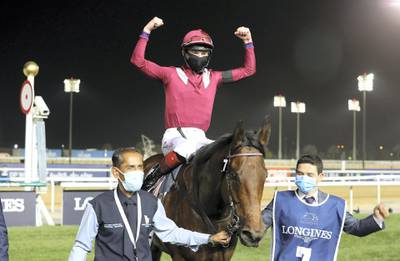 DUBAI , UNITED ARAB EMIRATES , MARCH 27  – 2021 :-  MISHRIFF       (IRE) ridden by DAVID EGAN  ( no 7  ) won the 8th  horse race Longines Dubai Sheema Classic 2410m Turf    during the Dubai World Cup held at Meydan Racecourse in Dubai. ( Pawan Singh / The National ) For News/Sports/Instagram/Big Picture. Story by Amith