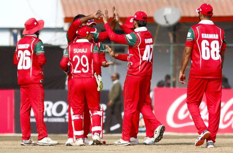 Oman celebrate during CWC L2 match between Nepal and Oman in TU Stadiu on 5th Feb 2020 in Kathmandu, Nepal (2)