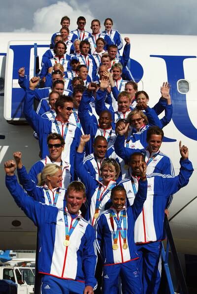 Team GB at Gatwick Airport after arriving home from the 2004 Olympics in Greece