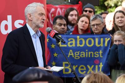 (FILES) In this file photo taken on February 23, 2019 Opposition Labour party leader Jeremy Corbyn addresses at a rally, in Broxtowe, central England.  Britain's main opposition Labour Party said on February 25 it was committed to eventually supporting a second referendum on leaving the European Union if its own plan for Brexit is not approved. / AFP / Oli SCARFF
