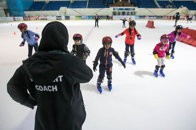 Abu Dhabi, United Arab Emirates. July 13, 2016///Ice Skating camp at the Zayed Sports City Ice Rink, with head Coach Laura Jane Cortez and Assistant Coach Marilou Dela Cruz. Participants learning to skate. Standalone. Abu Dhabi, United Arab Emirates. Mona Al Marzooqi/ The National ID: 33463Section: National  *** Local Caption ***  160713-MM-IceSkating-007.JPG