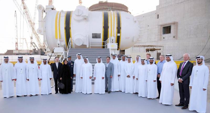 Sheikh Hamdan bin Zayed, the Ruler’s Representative in the Western Region, attends the installation ceremony of the reactor container in the second nuclear plant at Barakah. The event is a major step on the UAE’s road to safe, clean and reliable nuclear energy. Wam