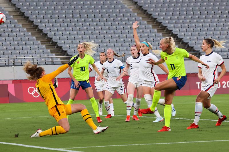Sweden forward Stina Blackstenius scores the second goal in her team's 3-0 win over the USA at the Tokyo Stadium.