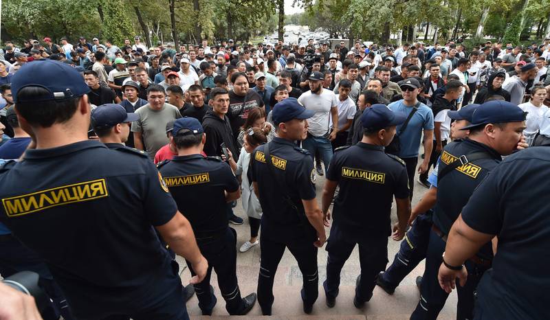 Protesters hold a rally to demand authorities support residents of Kyrgyzstan's southern Batken province following border clashes with Tajik troops, near the Kyrgyz parliament in Bishkek. AFP