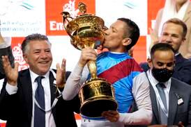 Frankie Dettori won his fourth Dubai World Cup race aboard Country Grammer at the 2022 Dubai World Cup. The two reunite on Saturday to defend their title. AP Photo