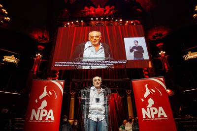 French far-left party Nouveau Parti Anticapitaliste presidential candidate Philippe Poutou delivers a speech at the Cirque d’Hiver in Paris. AFP