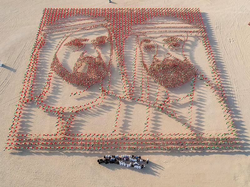 4,500 flags create the portraits of Sheikh Mohammed bin Rashid, Vice President and Ruler of Dubai, and SheikhÂ Mohamed binÂ Zayed, Crown Prince of Abu Dhabi and Deputy Supreme Commander of the Armed Forces.Â Courtesy of Dubai Media Office