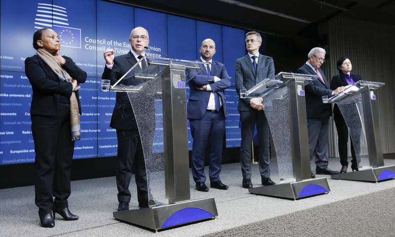 From left, French justice minister Christiane Taubira, interior minister Bernard Cazeneuve, Luxembourg's vice prime minister Etienne Schneider, justice minister Felix Braz, EU commissioners Dimitris Avramopoulos and Vera Jourava give a press conference at the end of an extraordinary Justice and Home Affairs Council following the Paris attacks, in Brussels. Olivier Hoslet / EPA