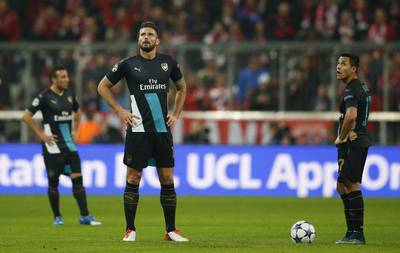 Arsenal's Olivier Giroud and Alexis Sanchez look dejected during their Champions League loss to Bayern Munich on Wednesday in the Champions League. John Sibley / Action Images / Reuters / November 4, 2015 