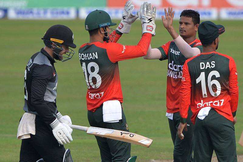 Bangladesh celebrate after the dismissal of New Zealand's Tom Blundell in Dhaka on Wednesday. AFP