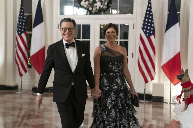 Television host Stephen Colbert, left, and his wife Evelyn McGee-Colbert arrive. Bloomberg