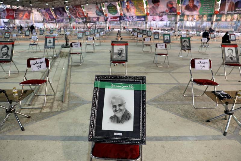 A photo of Qassem Suleimani is placed on a chairs during the commemoration of his assassination. West Asia News Agency via Reuters