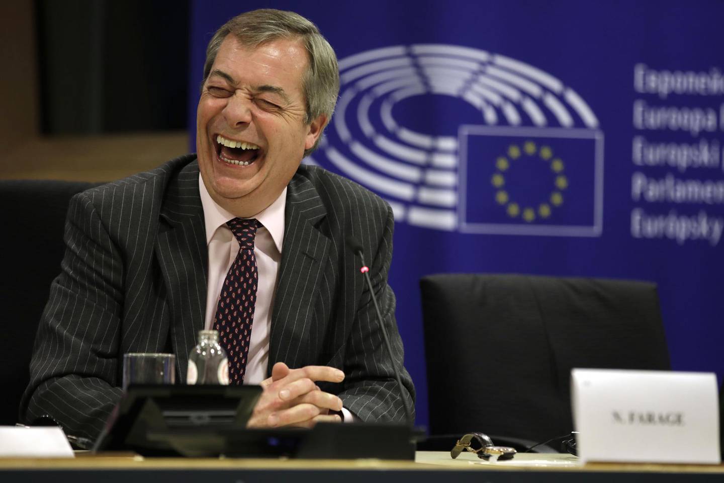 Nigel Farage, Member of European Parliament (MEP) and leader of the Brexit Party, reacts as he delivers his 'Brexodous' speech in the European Parliament in Brussels, Belgium, on Wednesday, Jan. 29, 2020. The U.K. will probably need significantly longer than eleven months to strike a future trade deal with the European Union, the bloc’s chief Brexit negotiator warned. Photographer: Olivier Matthys/Bloomberg