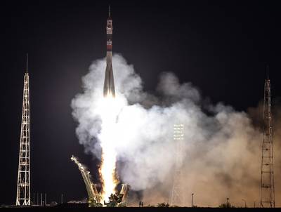 The Soyuz MS-15 rocket carrying three crew members of the International Space Station (ISS) blasts off to the ISS. AFP
