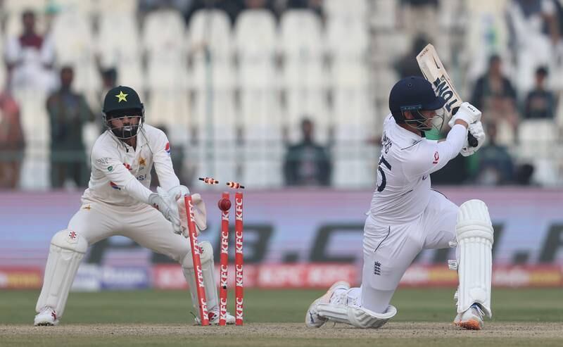 England batter Will Jacks of England is bowled for four by Pakstan's Abrar Ahmed attempting a slog sweep.