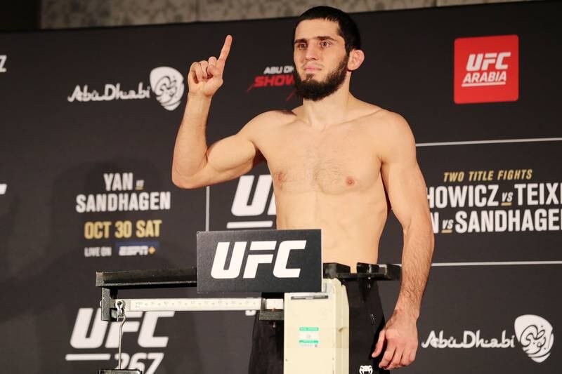 Lightweight Islam Makhachev weighs in before UFC 267.