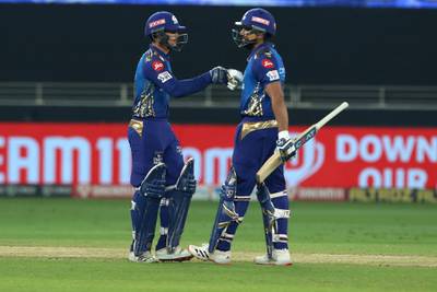 Quinton de Kock of Mumbai Indians and Rohit Sharma captain of Mumbai Indians during the final of season 13 of the Dream 11 Indian Premier League (IPL) between the Mumbai Indians and the Delhi Capitals held at the Dubai International Cricket Stadium, Dubai in the United Arab Emirates on the 10th November 2020.  Photo by: Vipin Pawar  / Sportzpics for BCCI