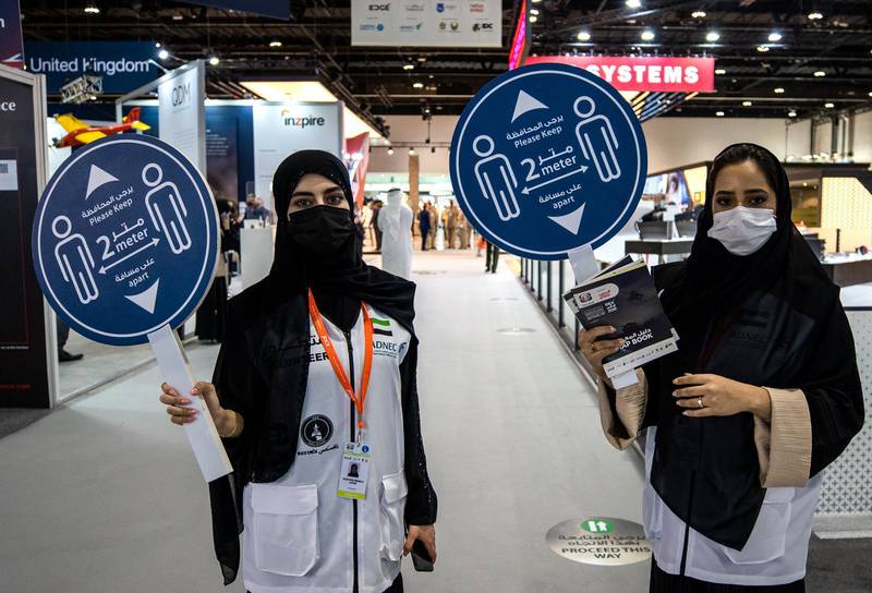 Abu Dhabi, United Arab Emirates, February 21, 2021.  Idex 2021, the first major in-person exhibition held in Abu Dhabi since the start of the Covid-19 pandemic, opened its doors to delegates on Sunday morning.Victor Besa / The NationalSection:  NAReporter:  John Dennehy