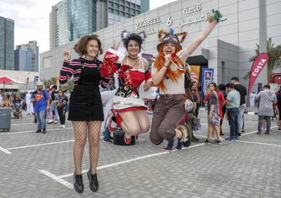 Dubai, April 12, 2019.  MEFCC day 2-Comic Con goers at full swing on day 2.  (L-R) Sara Brugioli, Adelina Delmas as Ahri from LOL and Nour Fenniche as Teemo.Victor Besa/The National.Section:  AC  Reporter:  Chris Newbould