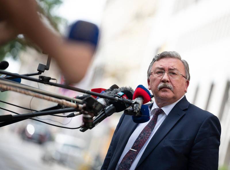 Russia's governor to the International Atomic Energy Agency, Mikhail Ulyanov, updates journalists outside the Grand Hotel Wien after a round of closed-door nuclear talks in Vienna. AFP