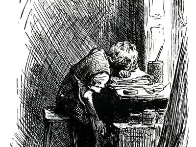 Charles Dickens imagined at his desk in the blacking factory by illustrator Frederick Barnard in 1904. Photo: Charles Dickens Museum