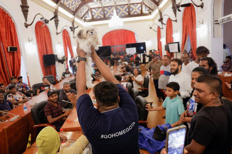A demonstrator presents Sri Lanka's new 'Wildlife Minister' at President Gotabaya Rajapaksa's Cabinet meeting room in Colombo. Huge crowds had poured into the city to protest in previous days amid months of unrest sparked by the country's economic collapse. Reuters
