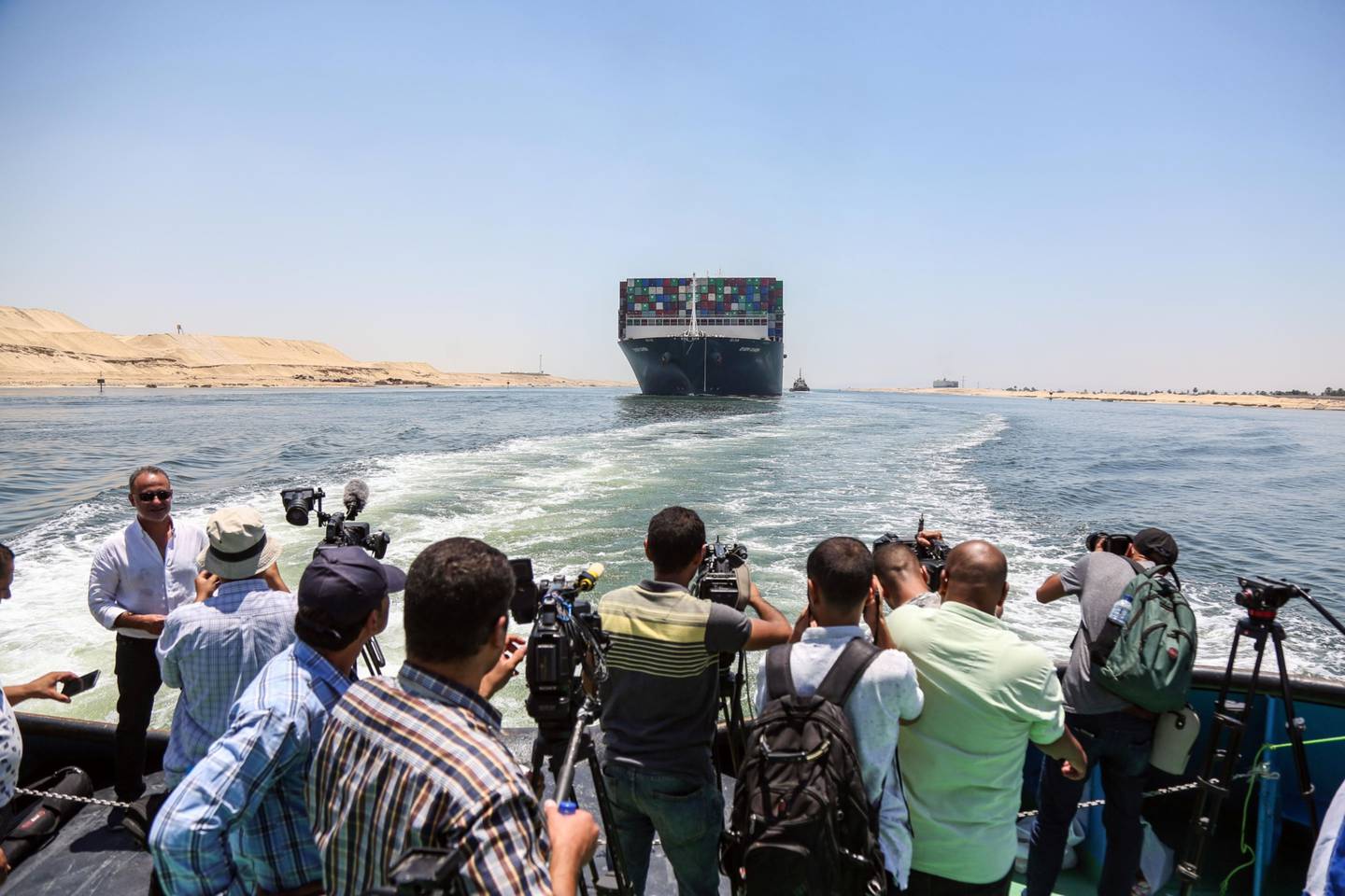 The 'Ever Given' departs Ismailia after being released by the Suez Canal Authority in July 7.  Bloomberg