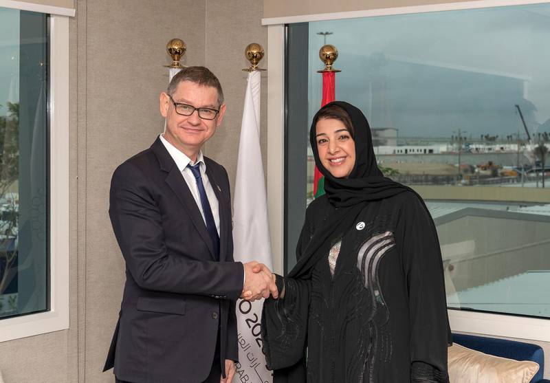Cartier president and chief executive Cyrille Vigneron, left, meeting with Reem Al Hashimy, director-general of Dubai Expo 2020 and Minister of State for International Co-operation. Courtesy Cartier