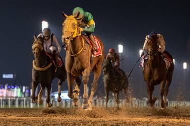DUBAI, UNITED ARAB EMIRATES - MARCH 25: Yuga Kawada riding Ushba Tesoro wins the Dubai World Cup at Meydan Racecourse on March 25, 2023 in Dubai, United Arab Emirates. (Photo by Christopher Pike / Getty Images)