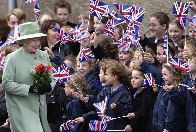 Queen Elizabeth is welcomed to Wells, south-west England during a tour of the UK in May 2002 to celebrate her golden jubilee. 
