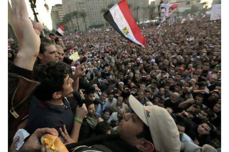 Wael Ghonim addresses protesters in Tahrir Square on Tuesday.