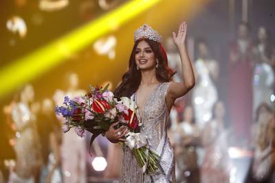 Harnaaz Sandhu waves after being crowned Miss Universe. AP Photo