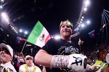 Nov 6, 2021; Las Vegas, Nevada, USA; Canelo Alvarez celebrates after knocking out Caleb Plant (not pictured) during their undisputed super middleweight world championship boxing match at MGM Grand Garden Arena.  Mandatory Credit: Joe Camporeale-USA TODAY Sports     TPX IMAGES OF THE DAY