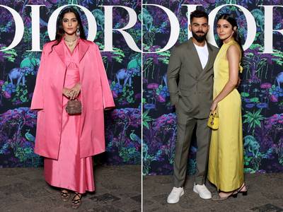 From left, Sonam Kapoor Ahuja; Virat Kohli and Anushka Sharma at the Dior show. Getty Images