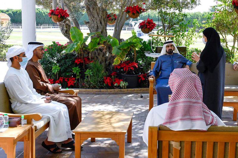 Sarah Al Amiri, Minister of State for Advanced Sciences and chairwoman of the UAE Space Agency, briefs Sheikh Mohammed bin Rashid, Vice President and Ruler of Dubai, and Sheikh Mohamed bin Zayed, Crown Prince of Abu Dhabi and Deputy Supreme Commander of the Armed Forces, on the Hope probe mission. Courtesy: Sheikh Mohamed bin Rashid Twitter