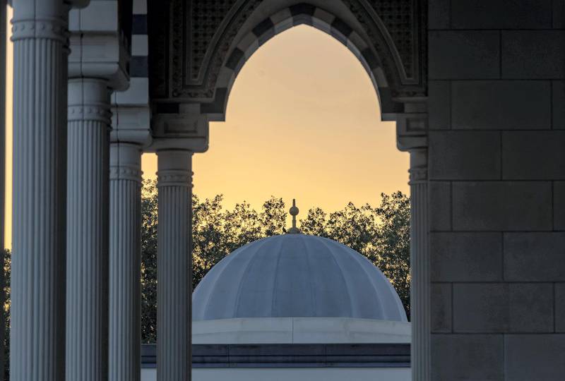 Dubai, United Arab Emirates - Reporter: N/A: The sun rises over Al Farooq Omar Bin Al Khattab Mosque on the first morning of Ramadan. Mosques remain closed due to Covid-19. Friday, April 24th, 2020. Dubai. Chris Whiteoak / The National