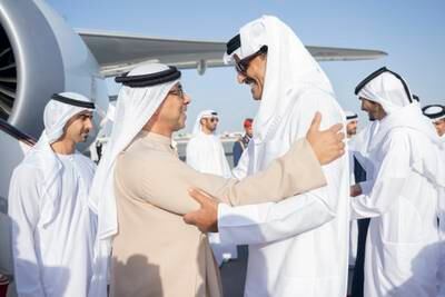 Sheikh Mansour bin Zayed, Vice President, Deputy Prime Minister and Chairman of the Presidential Court, is welcomed on the tarmac by Sheikh Tamim