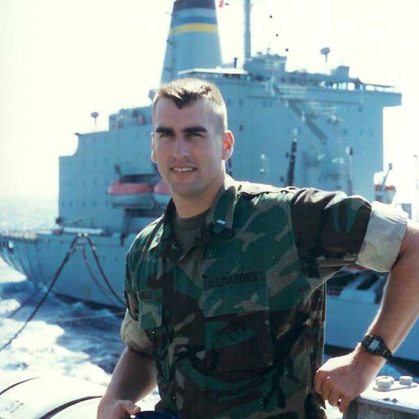 'The Hangover' actor captioned this Facebook post: '1st Lt. Rob Riggle on his way to Liberia circa '96. Refuelling at sea.' Photo: @Rob Riggle / Facebook