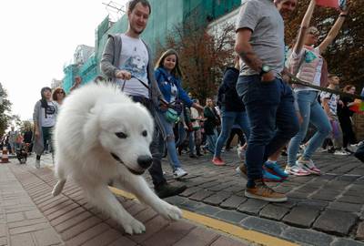 Ukrainian activists with their pets take part in a rally advocating for animal rights, in downtown Kiev, Ukraine.  EPA